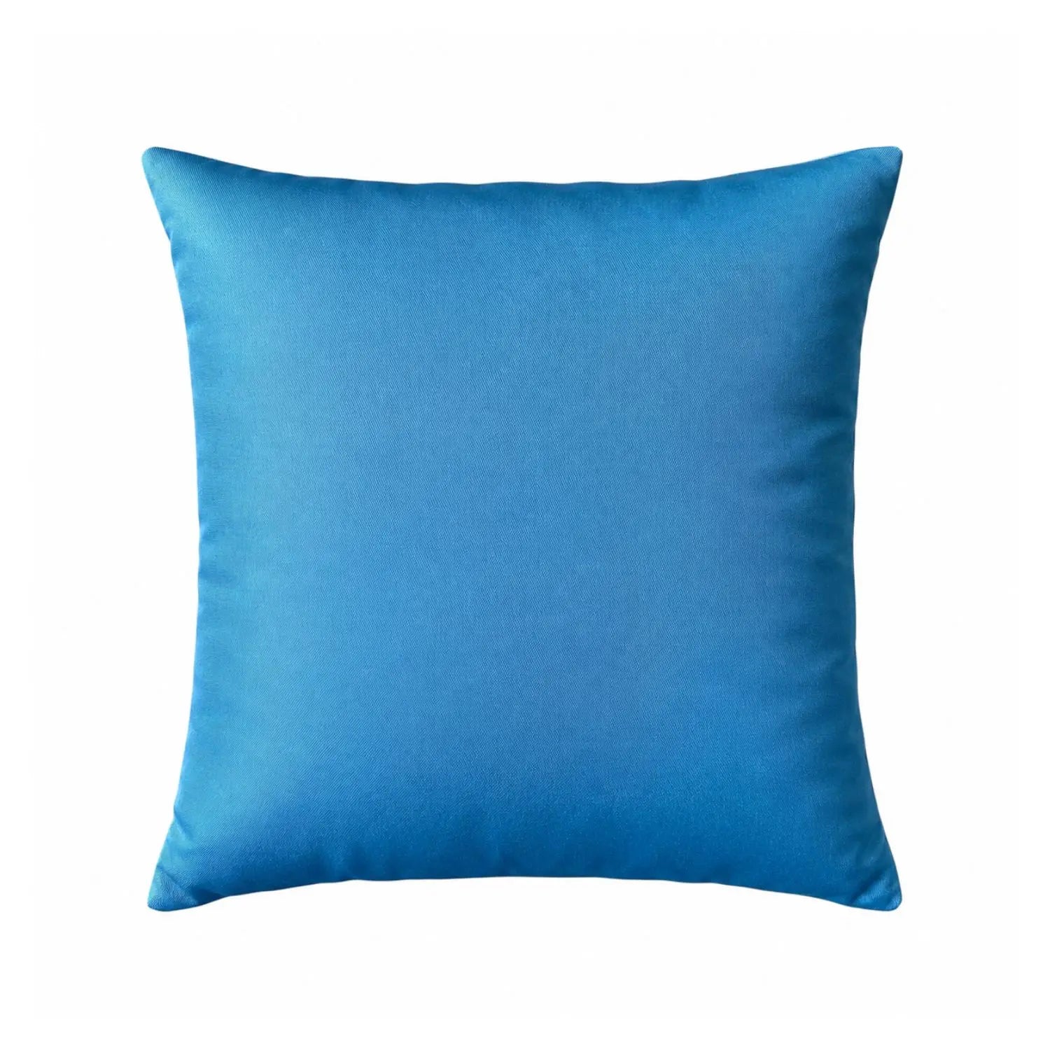 A square blue cushion with a smooth, slightly lustrous fabric surface, centred on a plain white background.