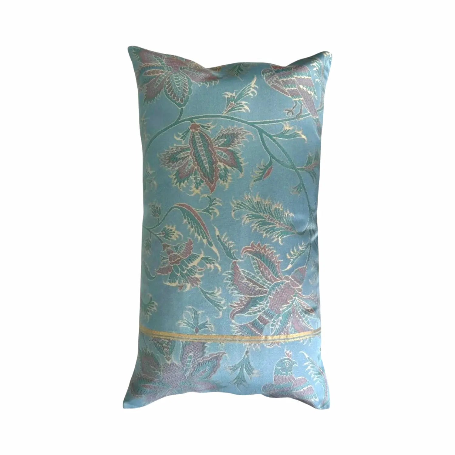Decorative cushion with floral and bird pattern on a white background