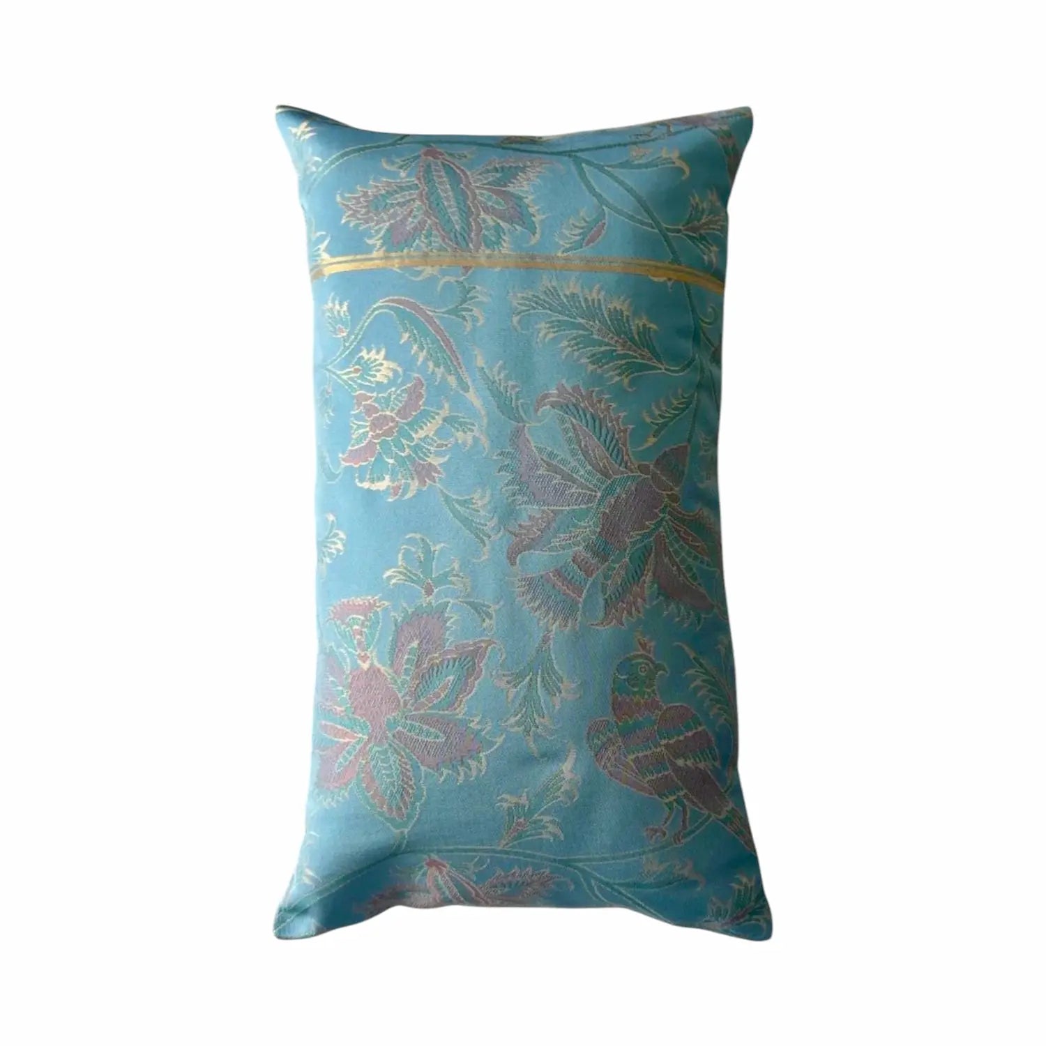 Decorative cushion with floral and bird pattern on a white background