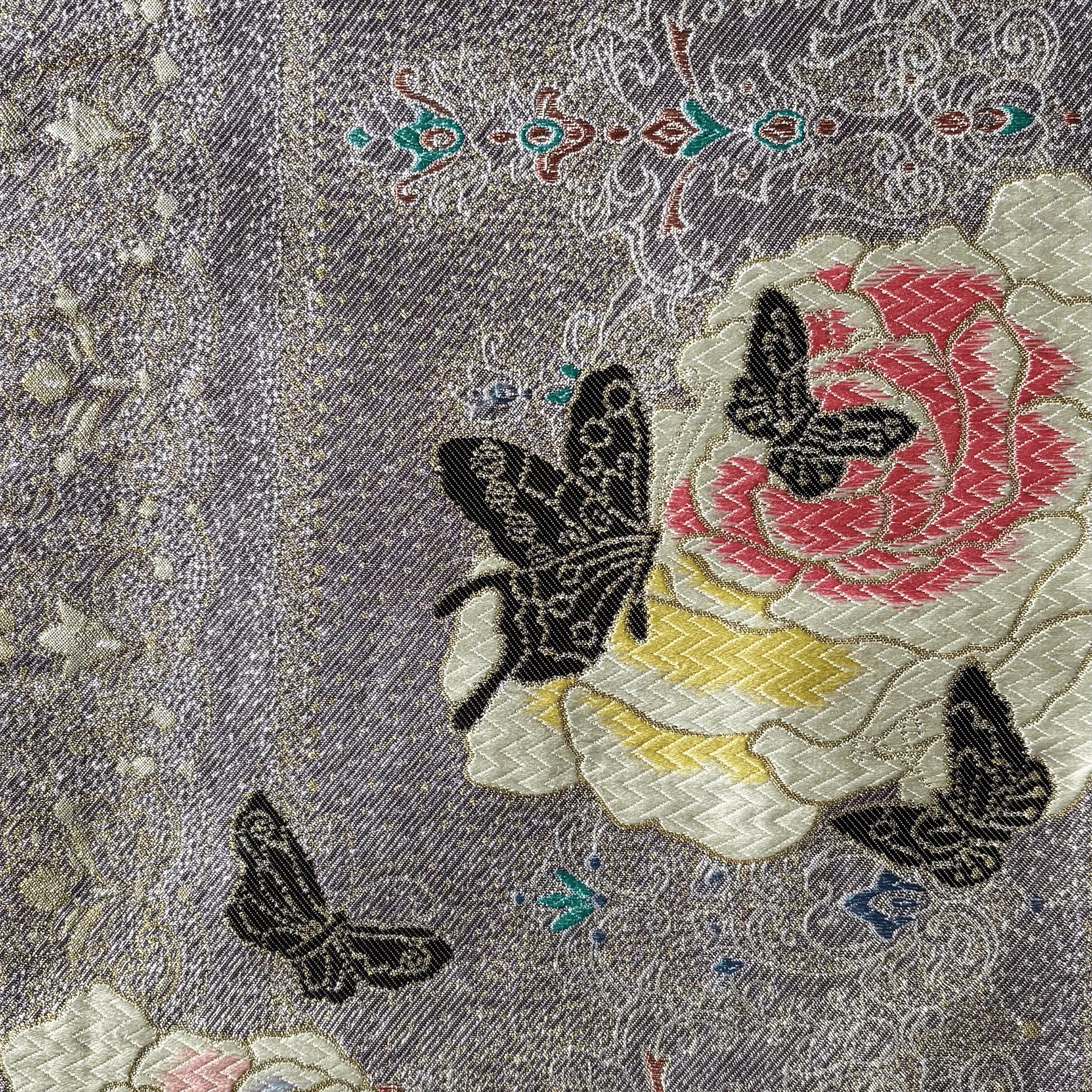 Camelli (Tsubaki) with Butterflies in Metallic Silver and Gold Thread Silk Obi