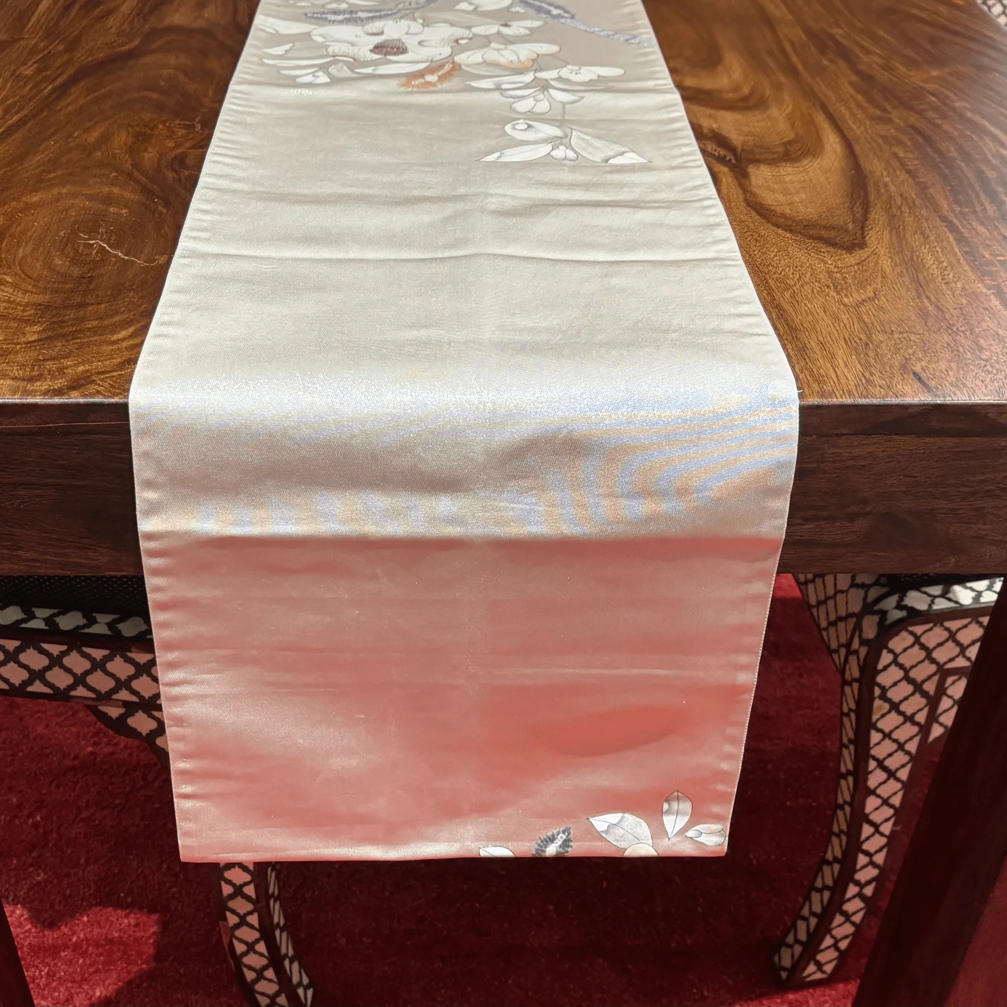 Camellia (Tsubaki) on Pink Silk Obi Table Runner