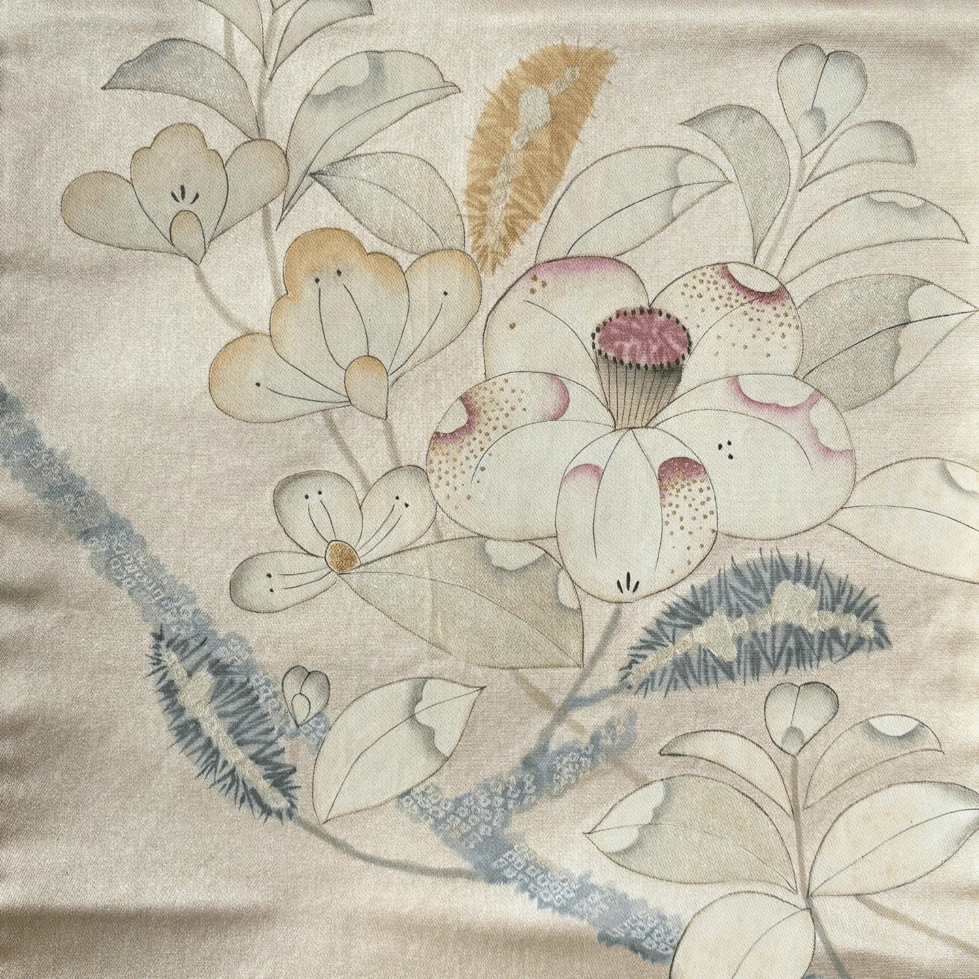 Camellia (Tsubaki) on Pink Silk Obi Close Up