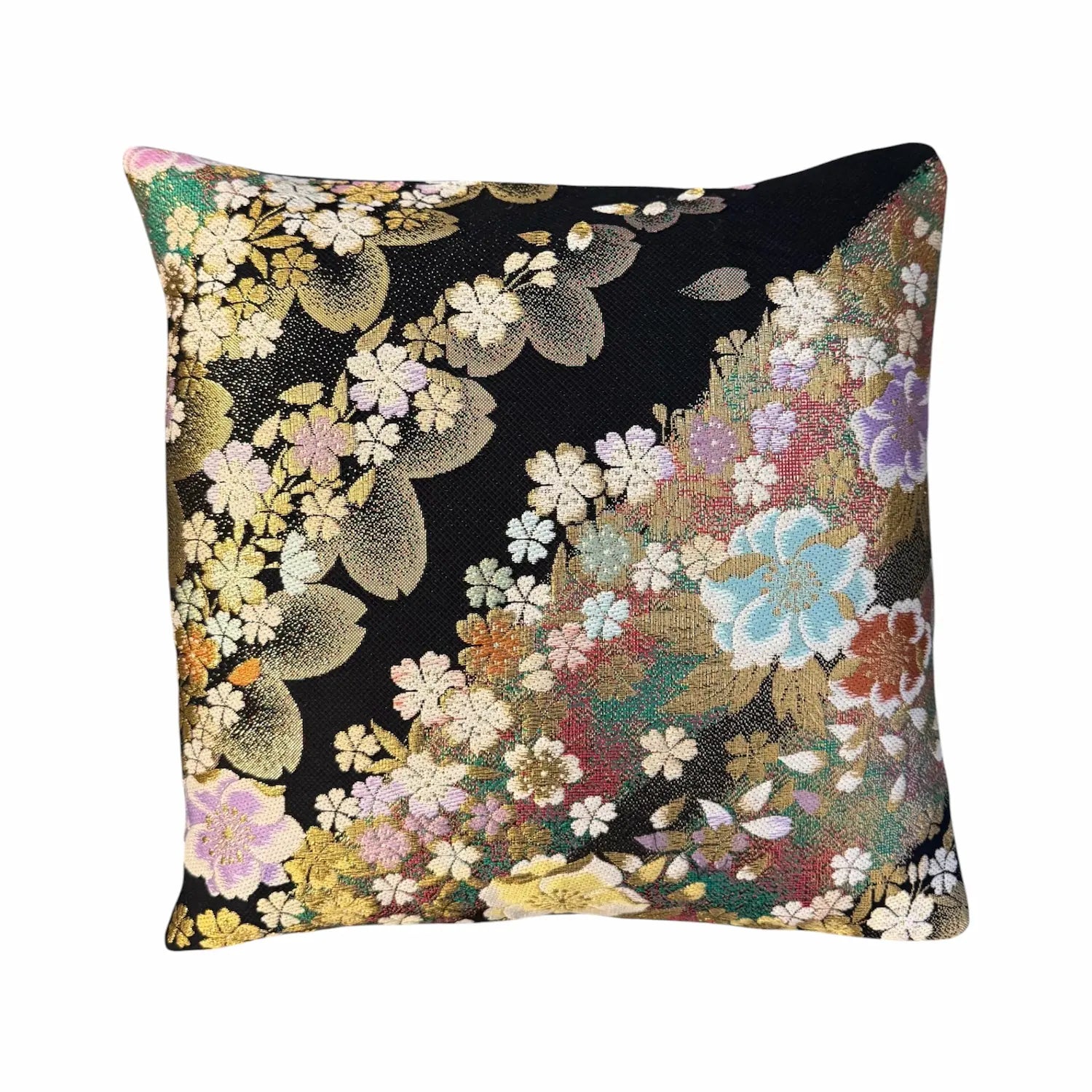 Decorative cushion with floral pattern on a black background