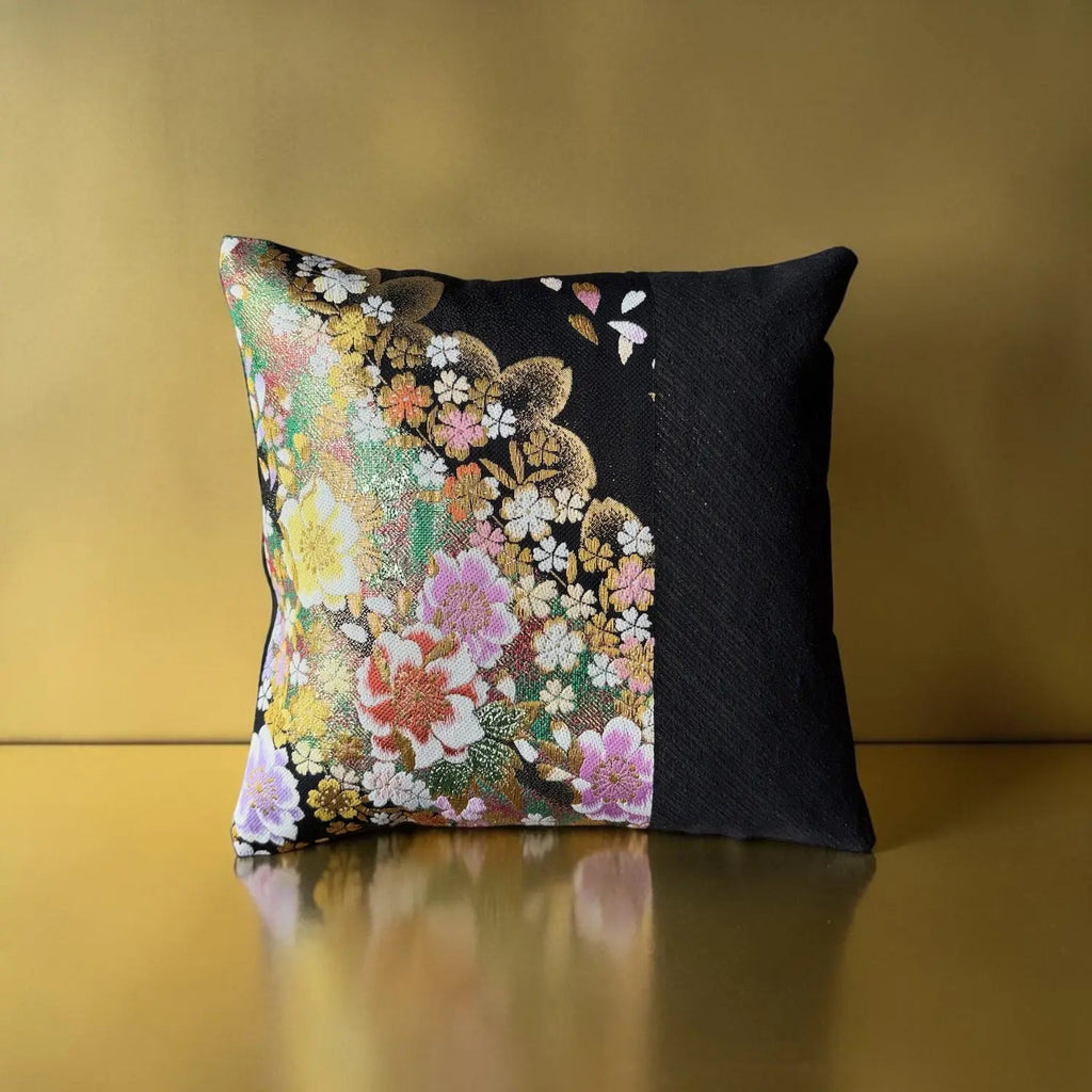 Decorative cushion with floral pattern  against a yellow background
