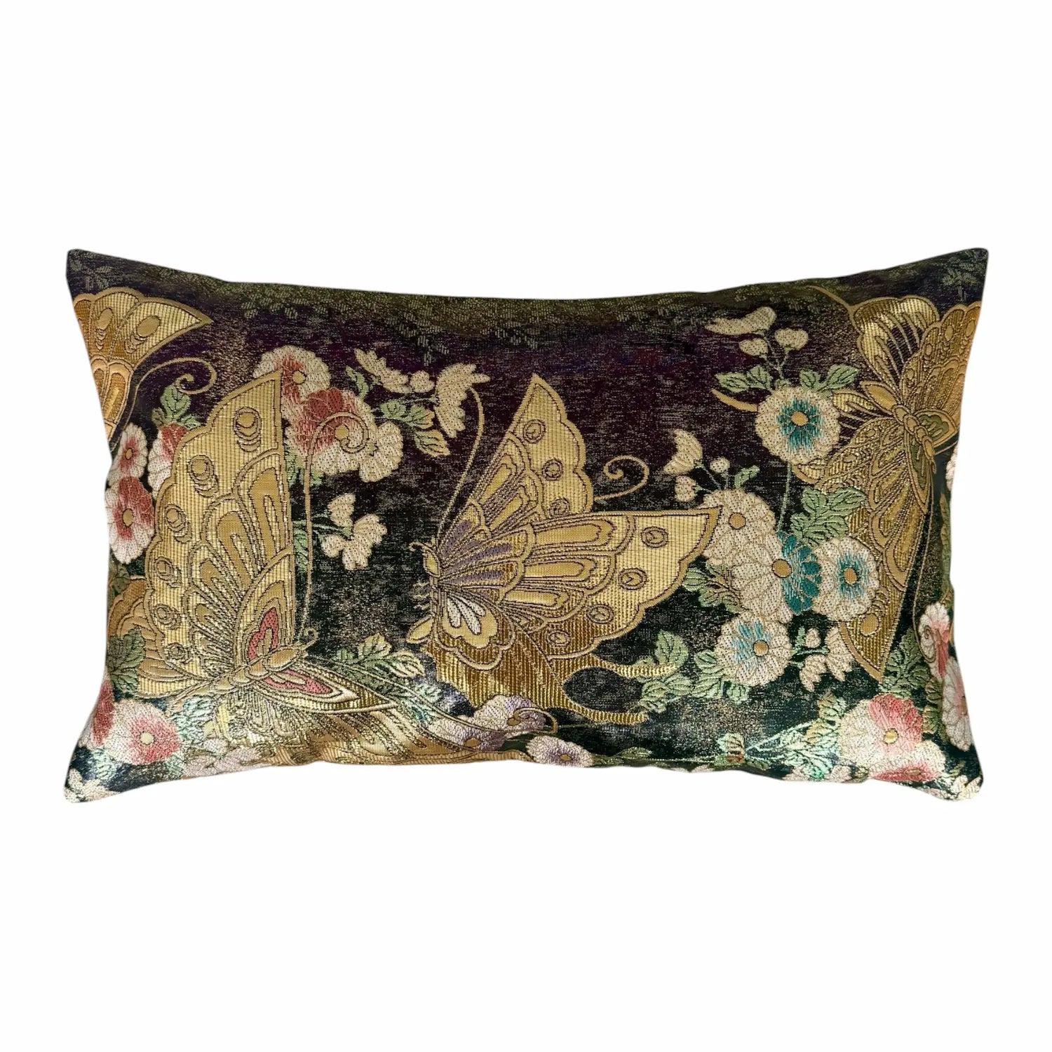 Decorative cushion with butterfly and floral pattern on a white background