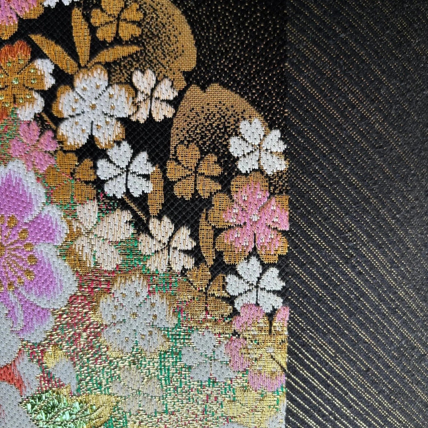 Close-up of a floral patterned fabric with a black background