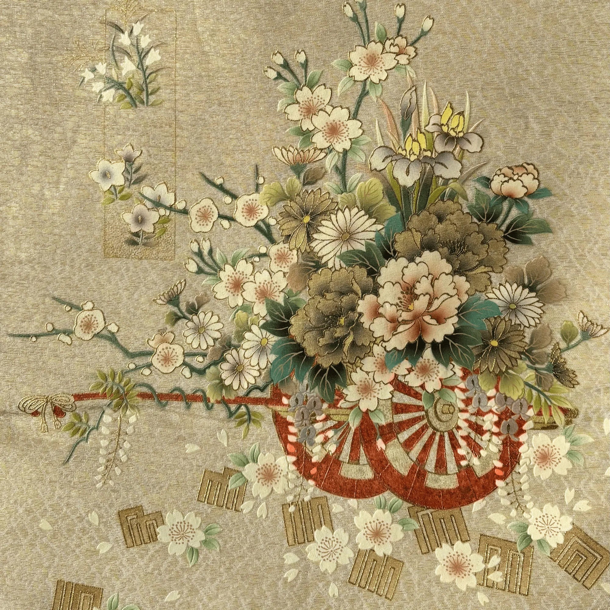 Flowers on Rickshaw on Beige with Gole Metallic Thread Silk Obi