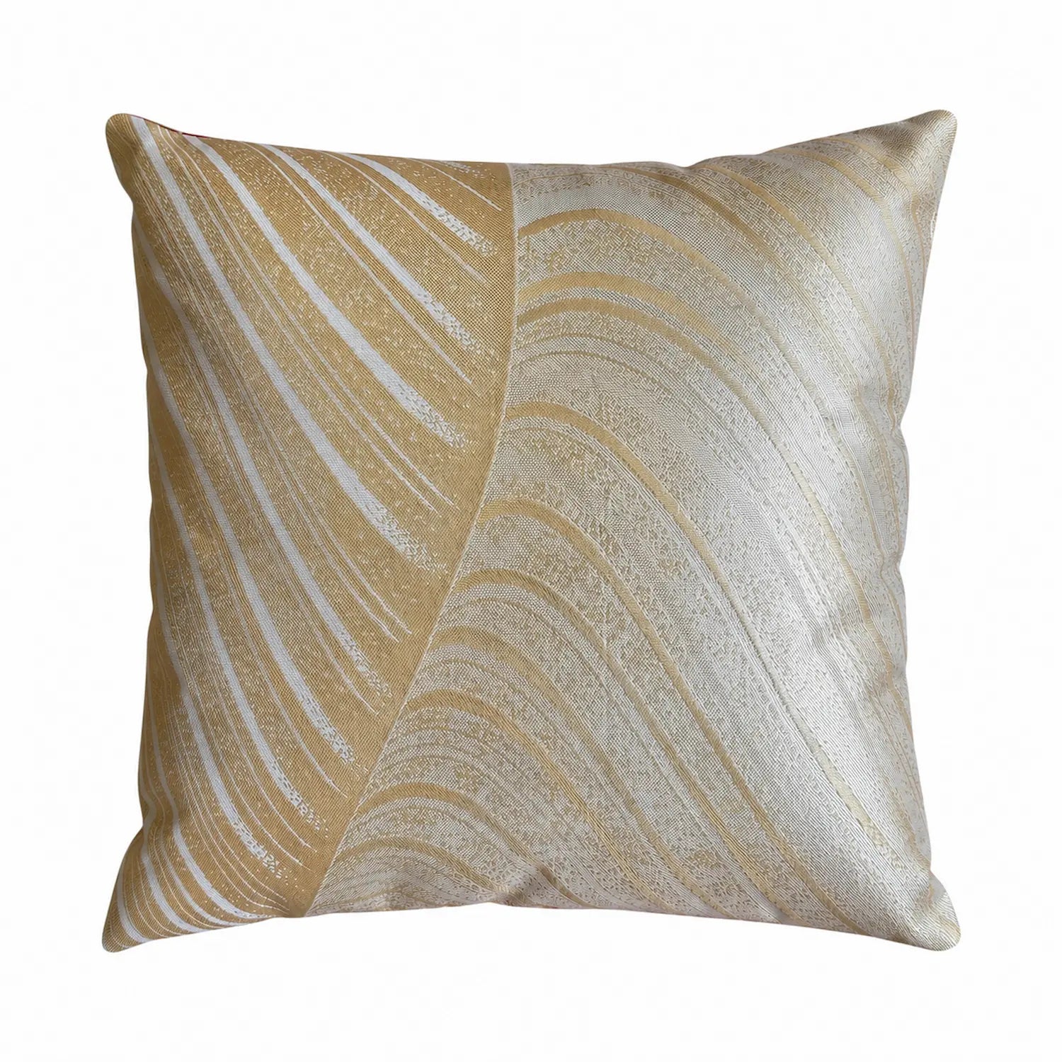 Decorative cushion with gold and beige abstract pattern on a white background