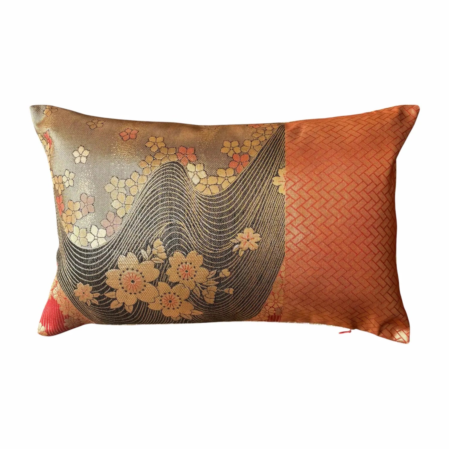 Decorative cushion with floral and wavy pattern on a white background