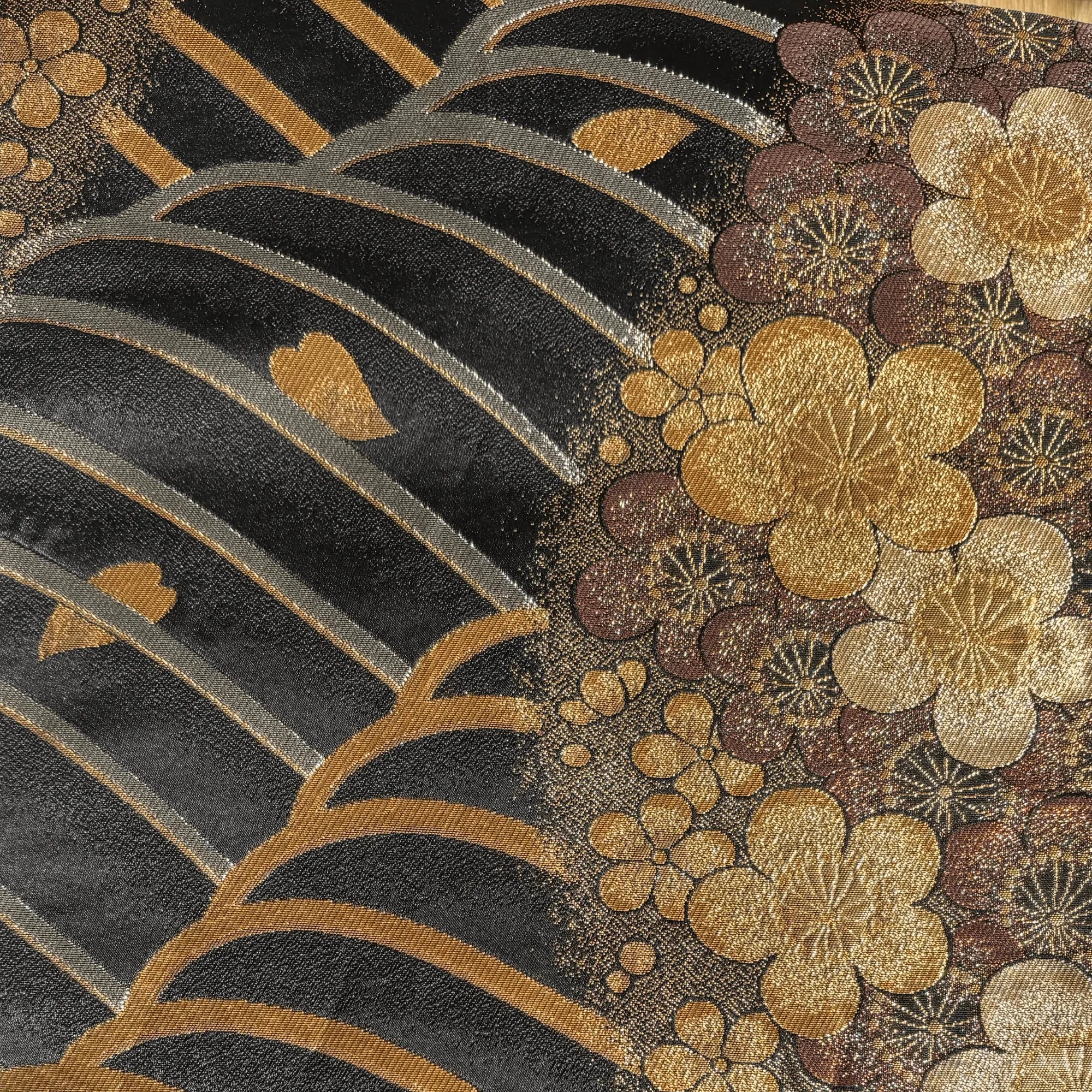 Metallic Gold Thread Plum (Ume) in Black Waves Silk Obi