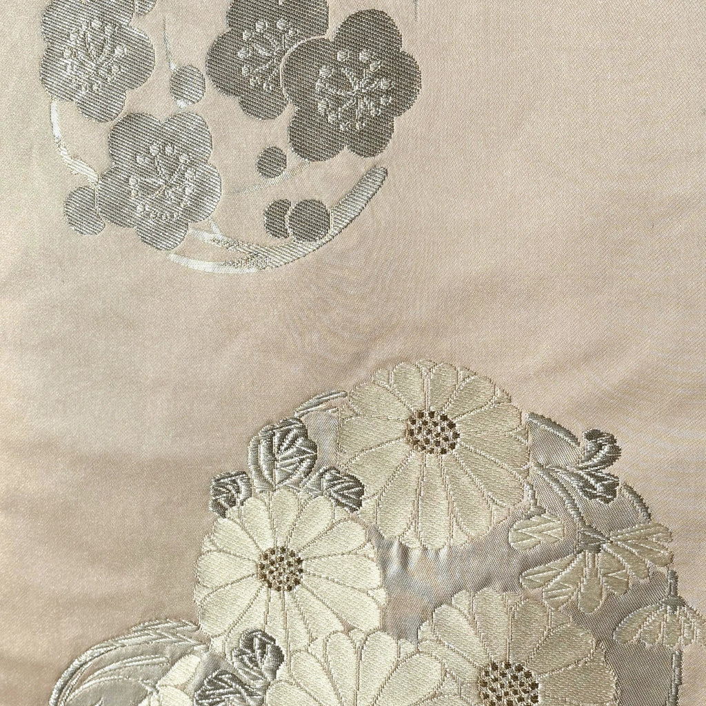 Close-up of embroidered floral patterns on a fabric background
