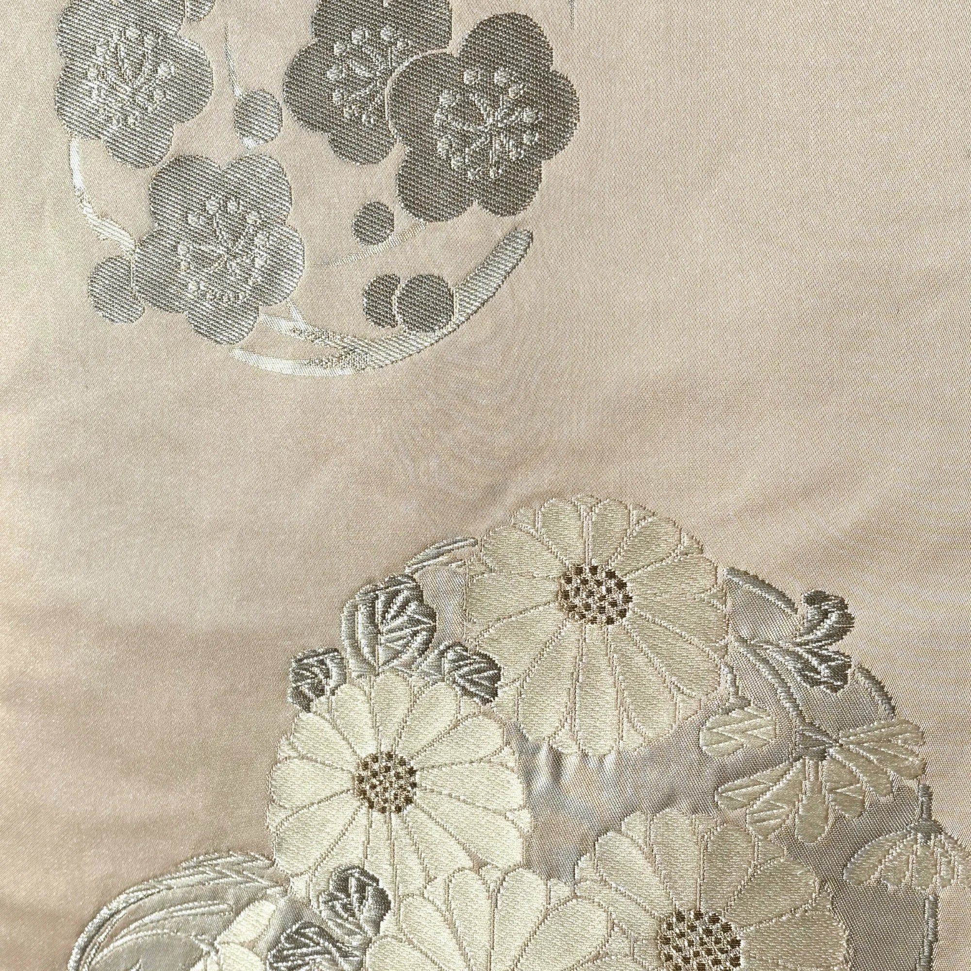 Close-up of embroidered floral patterns on a fabric background