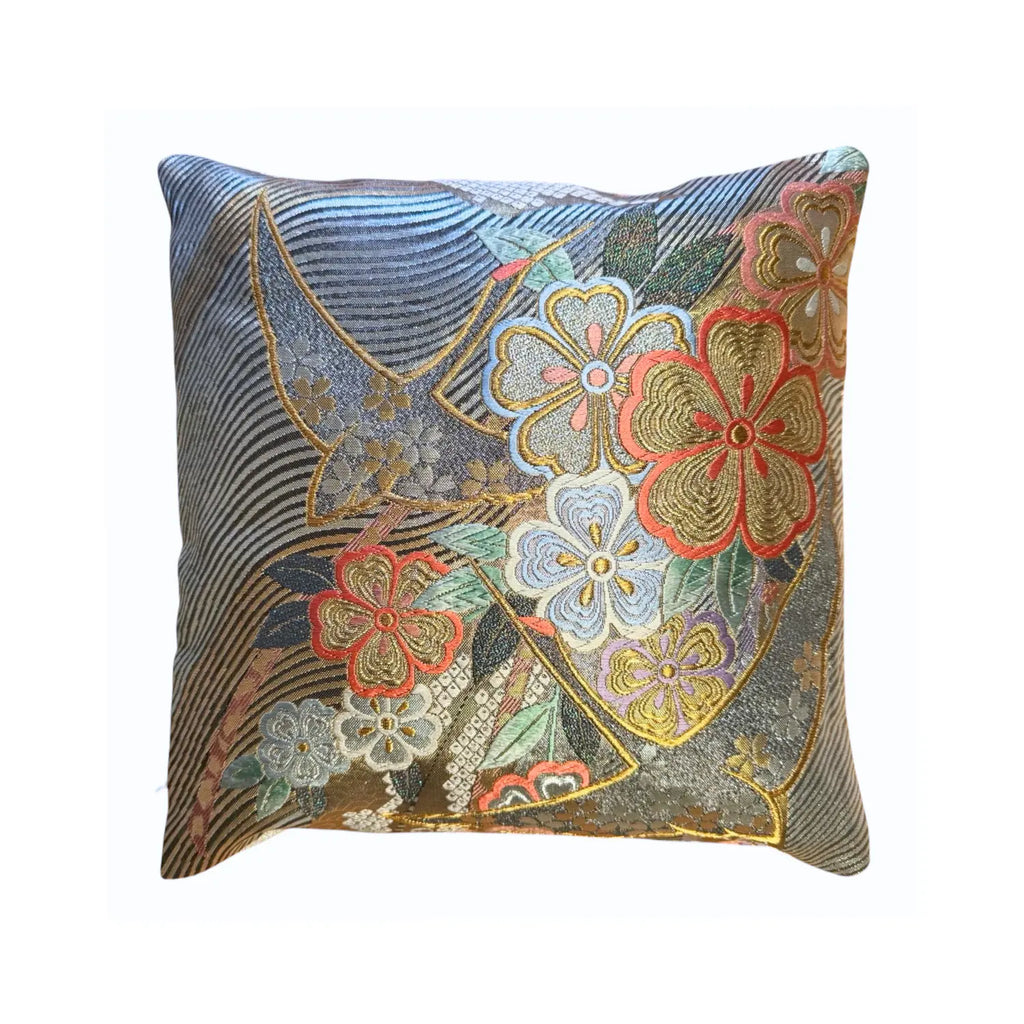 A square decorative cushion featuring an intricate Japanese-style kimono-inspired pattern with embroidered floral and bird motifs