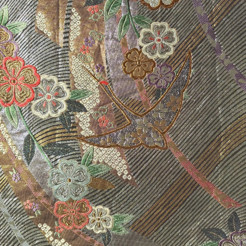 Swallows with Flowers in Metallic Gold and Silver Thread Silk Obi