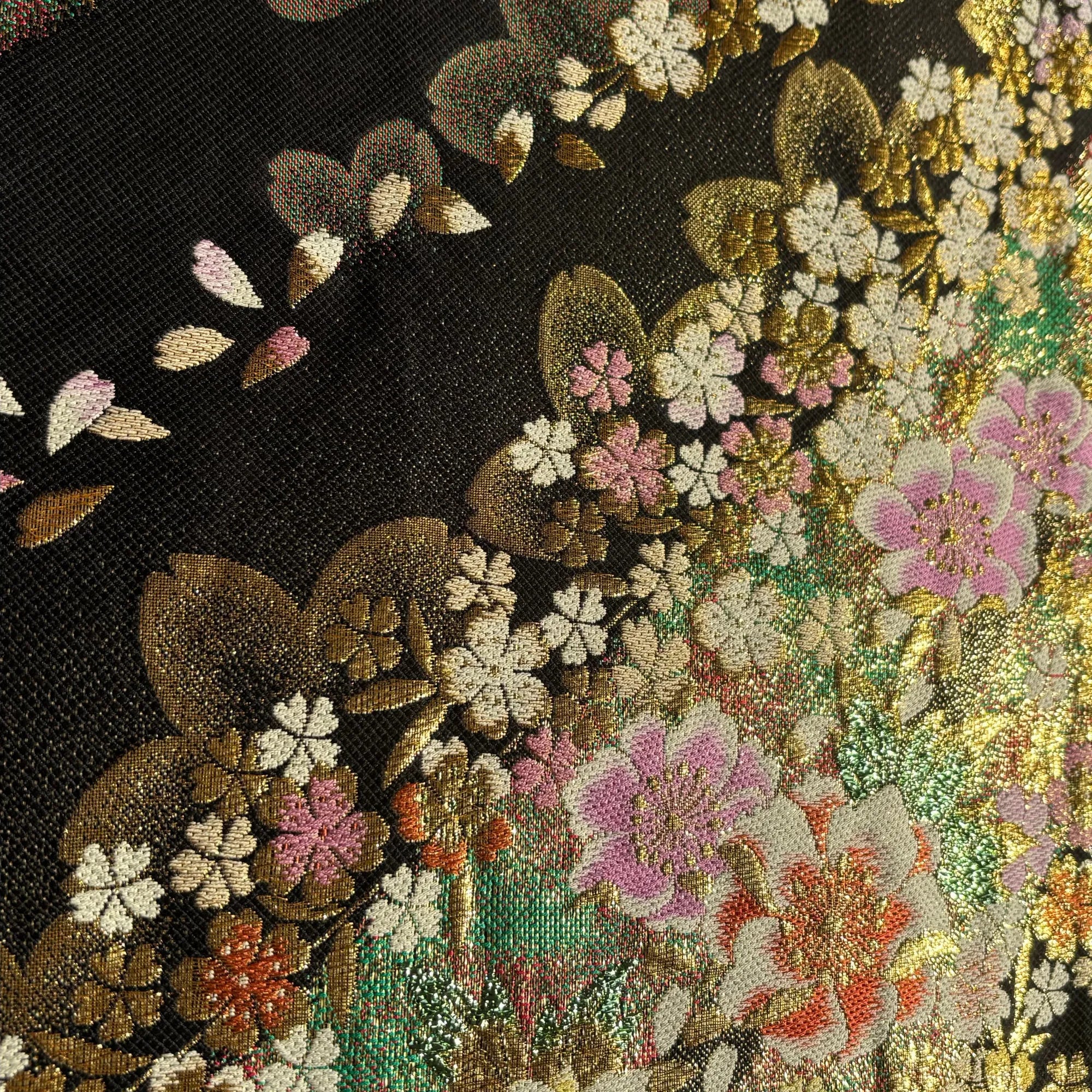 Metallic Thread Gold Floral on Black Silk Obi