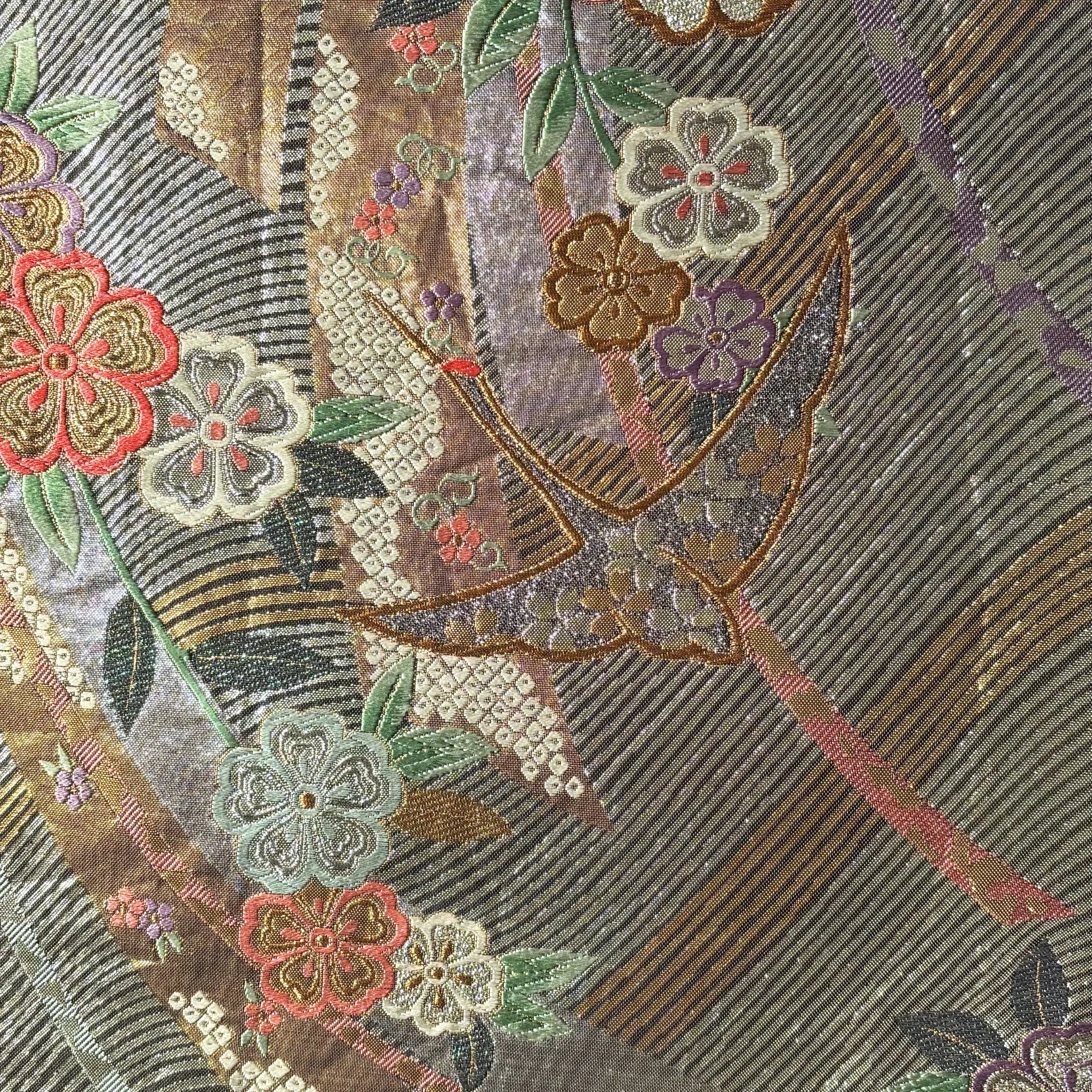 Swallows with Flowers in Metallic Gold and Silver Thread Silk Obi