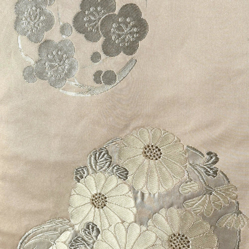 Metallic Thread Mums on Pink Silk Obi Close Up