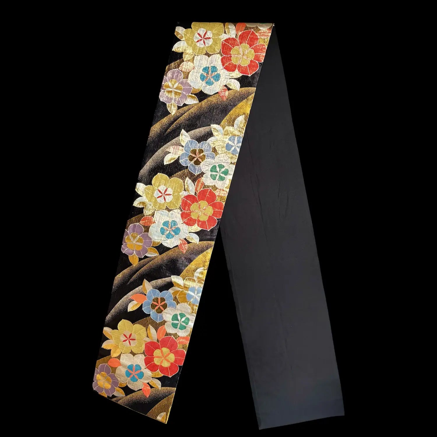 Decorative floral runner with colorful flowers on a black background