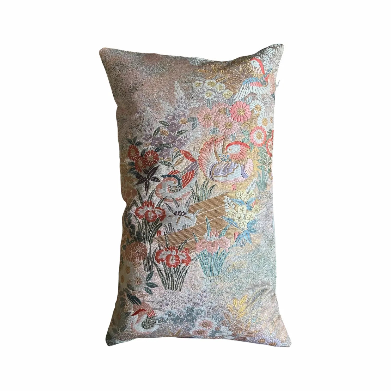 Decorative cushion with floral and mandarin duck pattern on a white background