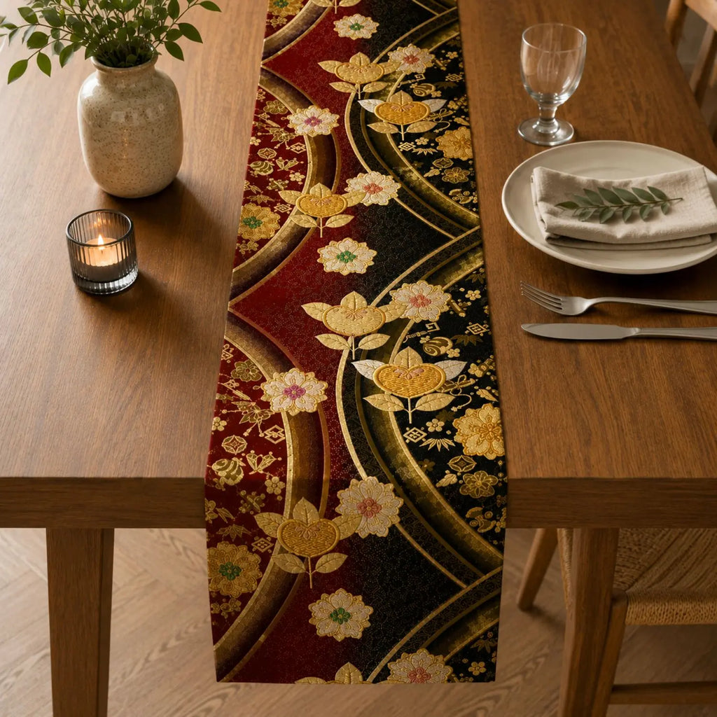 A decorative table runner with an ornate floral and wave pattern in red, black, gold, and cream, styled on a wooden dining table with a vase, candle, glass, and place setting.