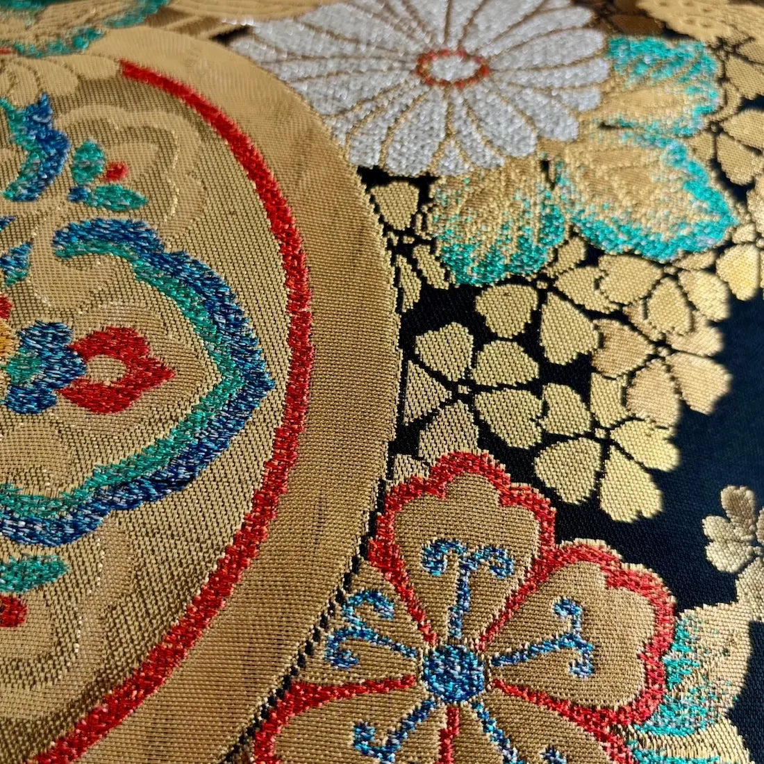 Close-up of embroidered fabric with floral patterns and colorful beads.