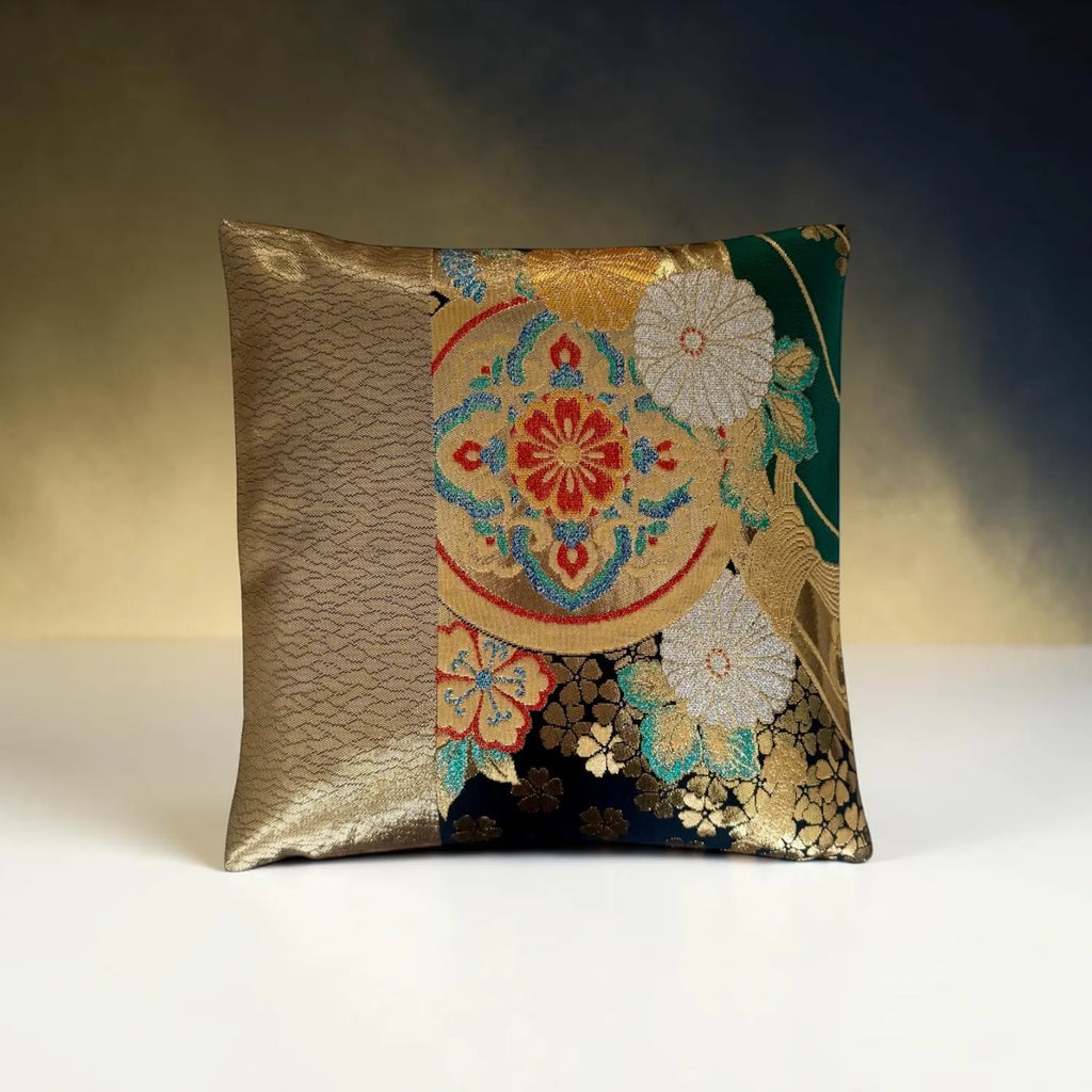 Decorative cushion with floral patterns on a gradient background