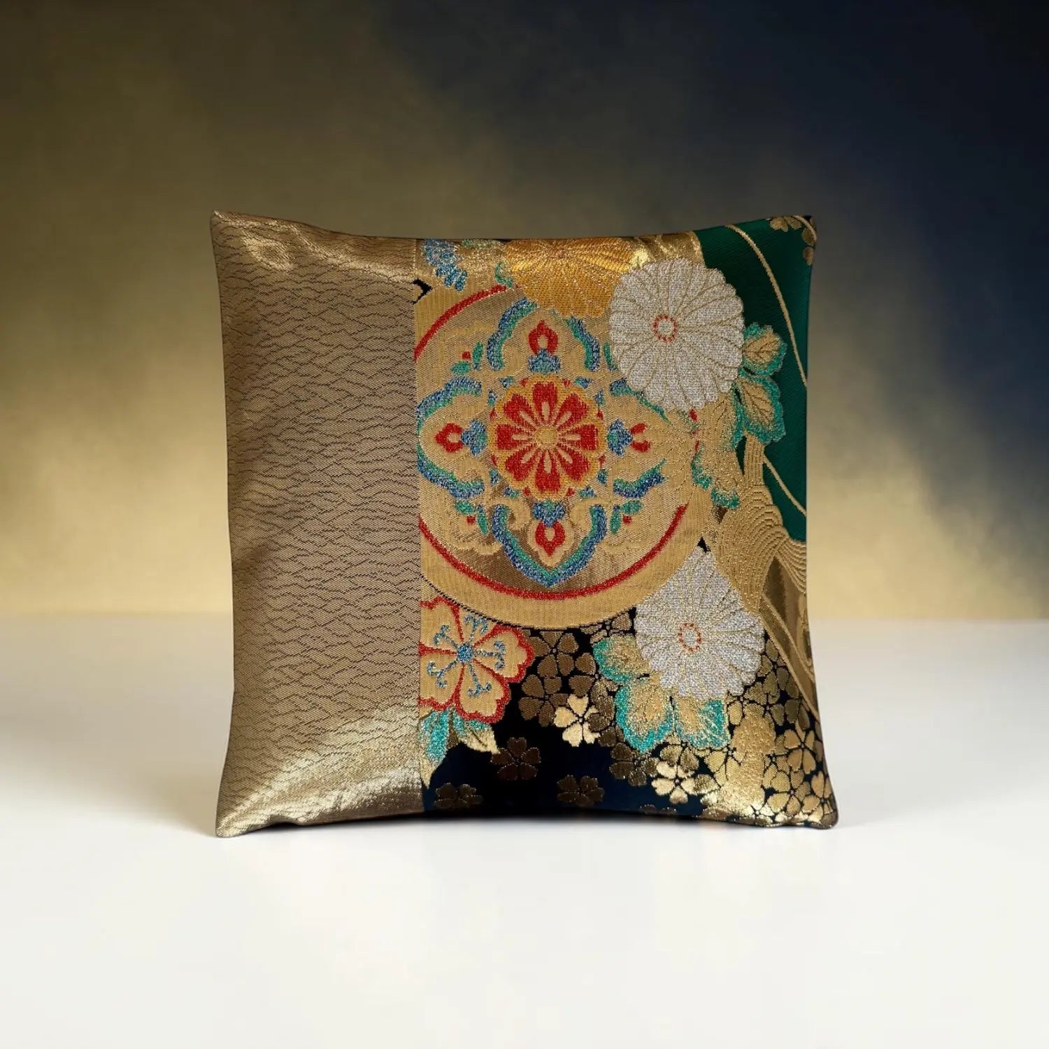 Decorative cushion with floral patterns on a gradient background