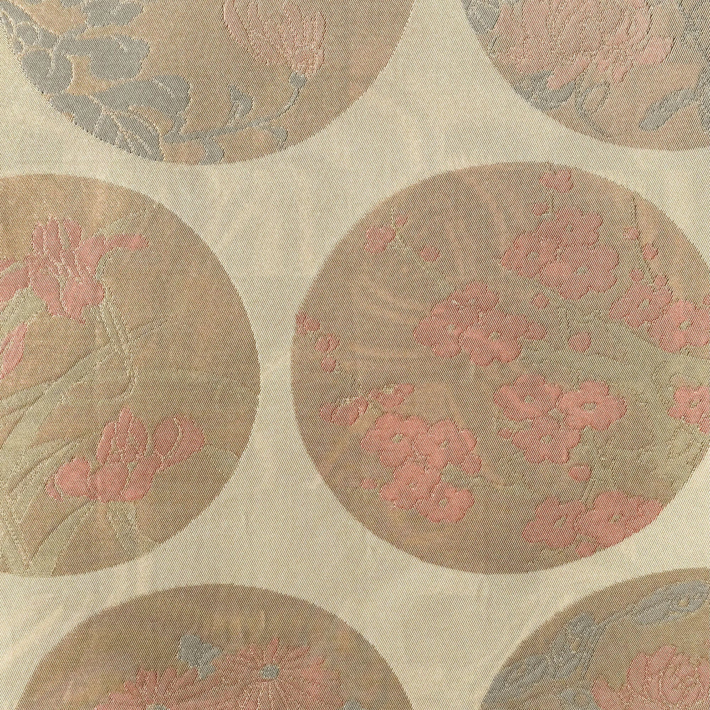 Patterned silk Obi with circular designs in pink and brown on a pink background