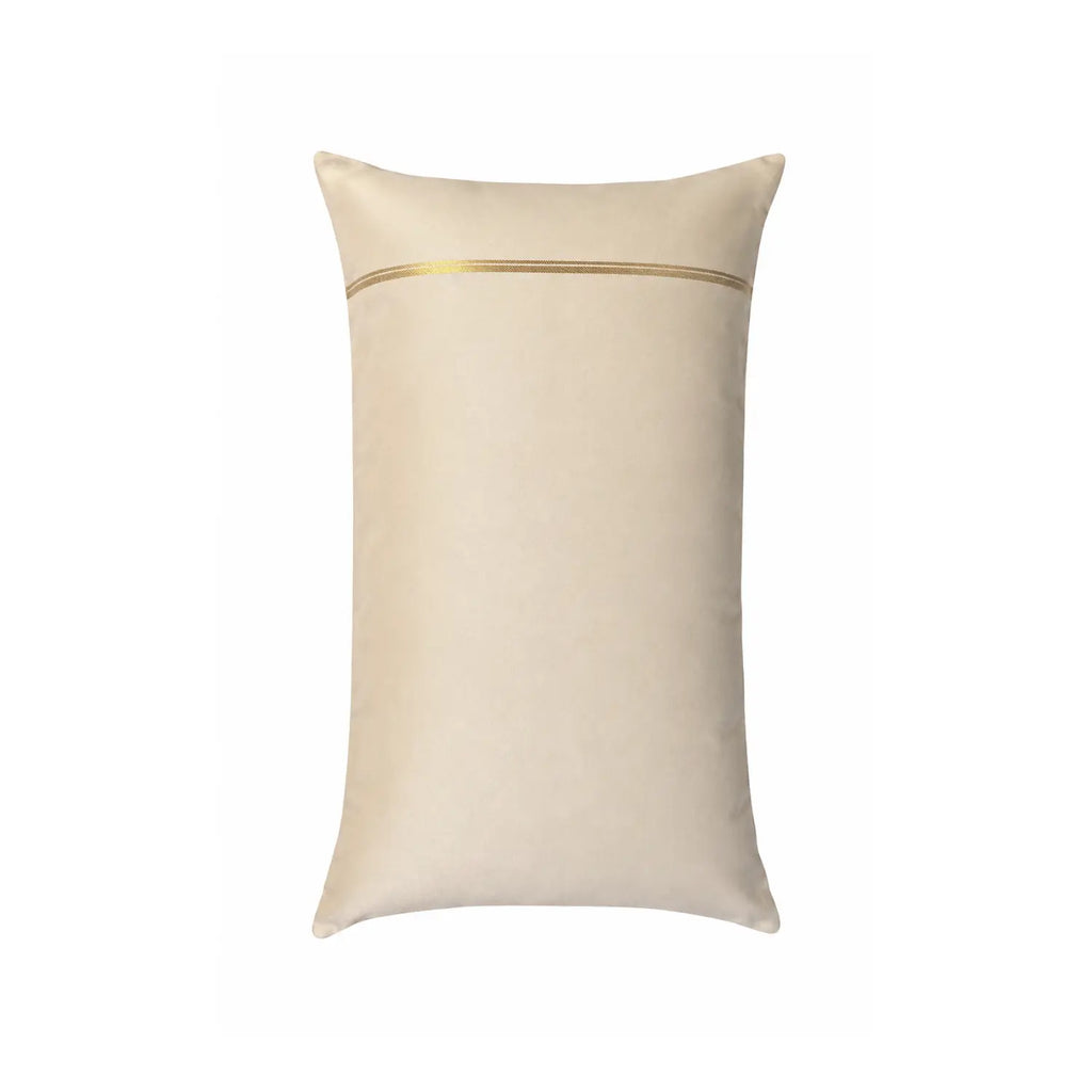 A rectangular beige cushion with a thin horizontal gold metallic stripe near the top, shown against a plain white background.