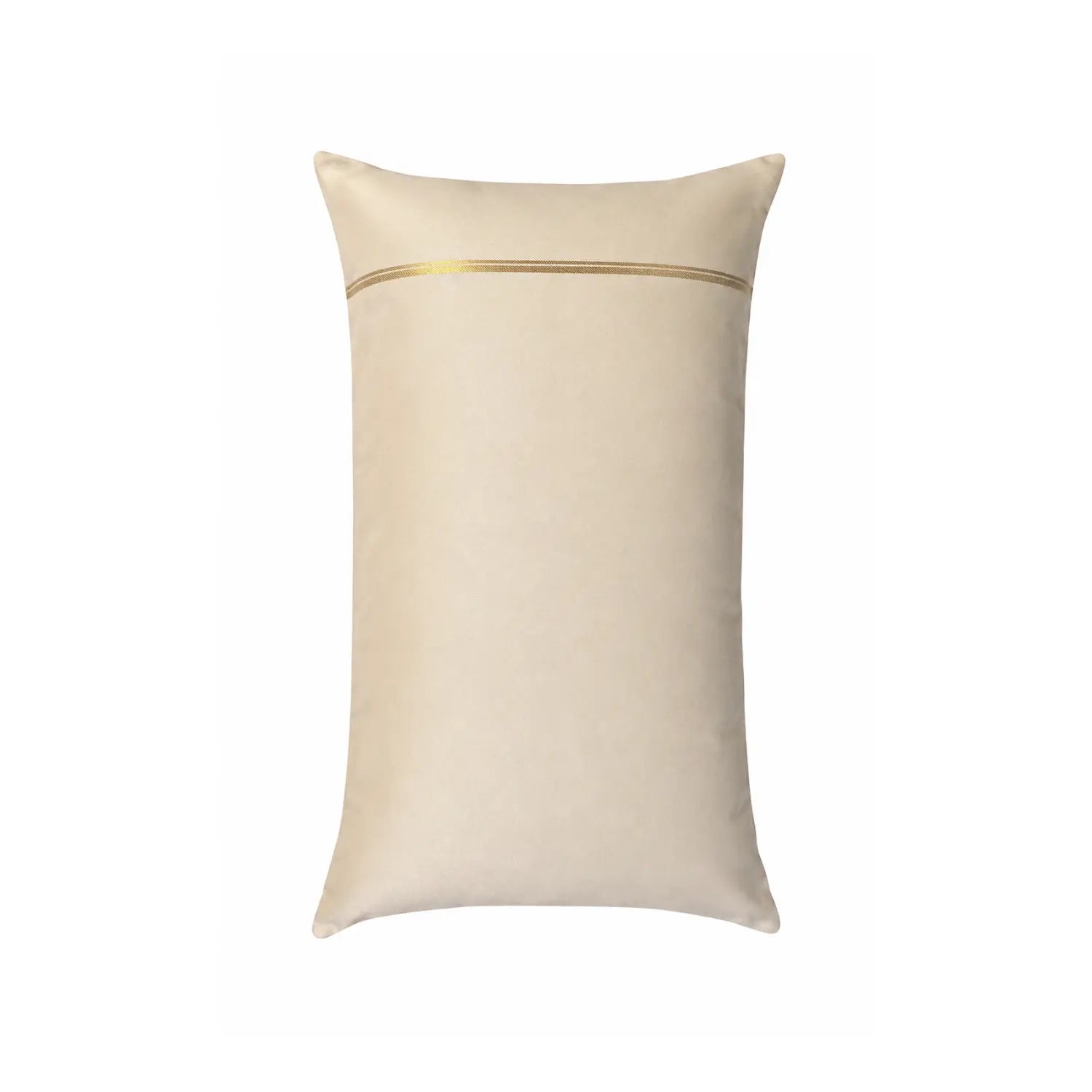 A rectangular beige cushion with a thin horizontal gold metallic stripe near the top, shown against a plain white background.