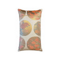 A rectangular decorative cushion with a vintage Japanese-inspired pattern of large gold and brown circles containing floral motifs on a pink background.