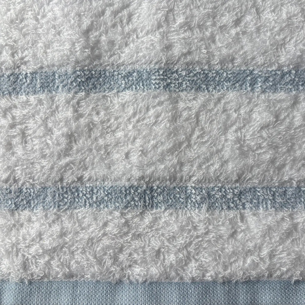Close-up of textured fabric with horizontal stripes in blue and white.