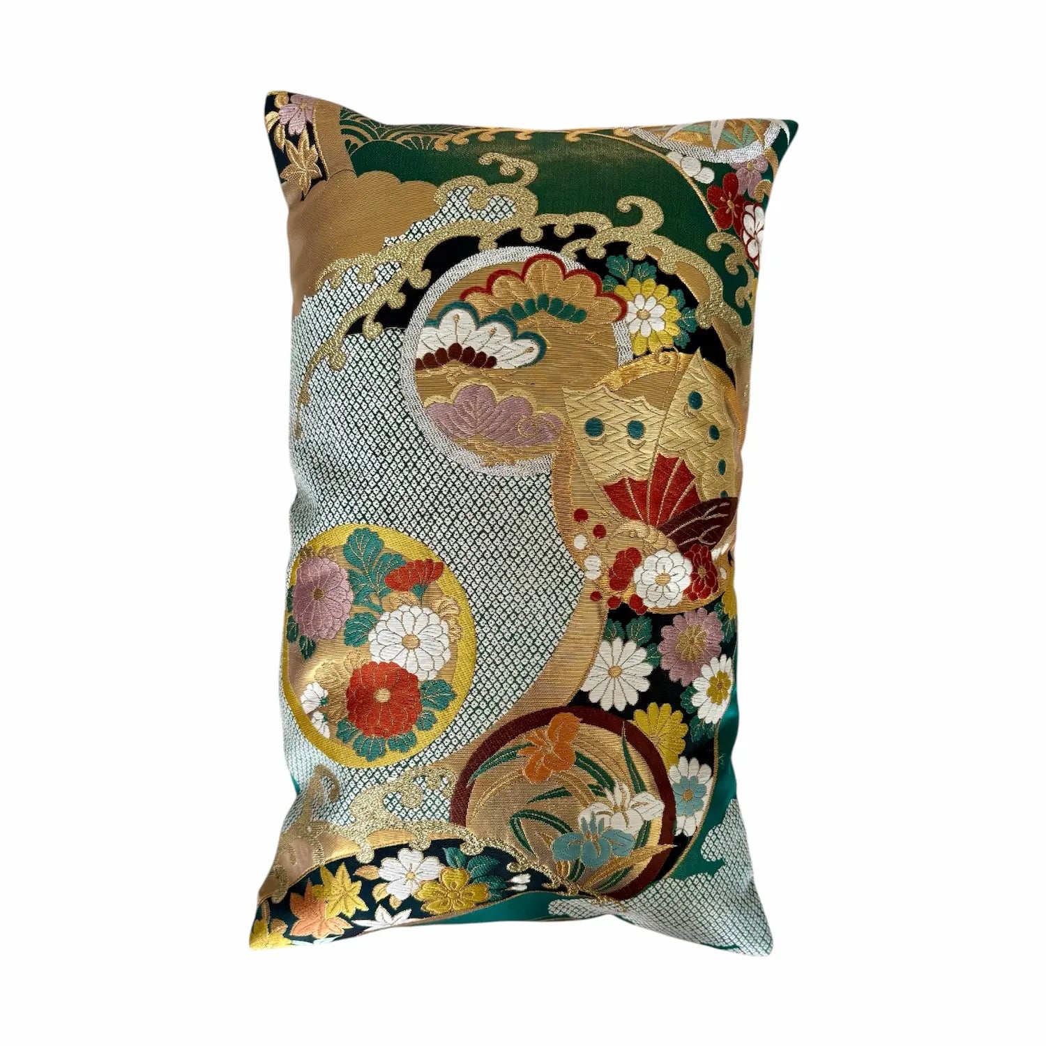 Decorative cushion with intricate floral and geometric patterns on a white background