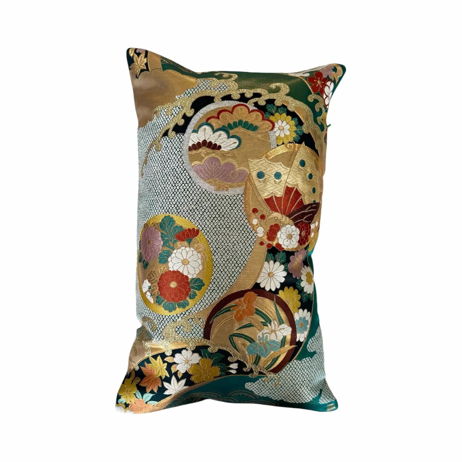 Decorative cushion with floral and geometric patterns on a white background