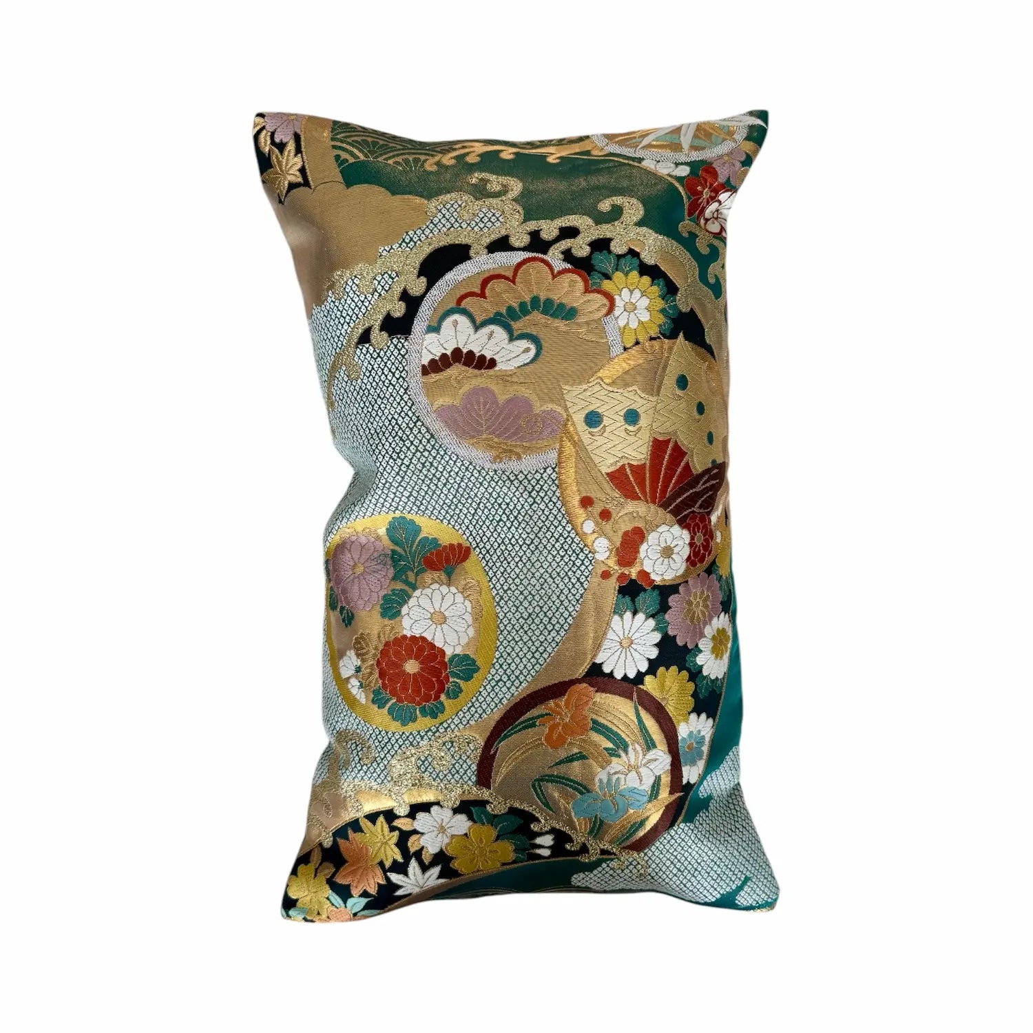 Decorative cushion with floral and geometric pattern on a white background