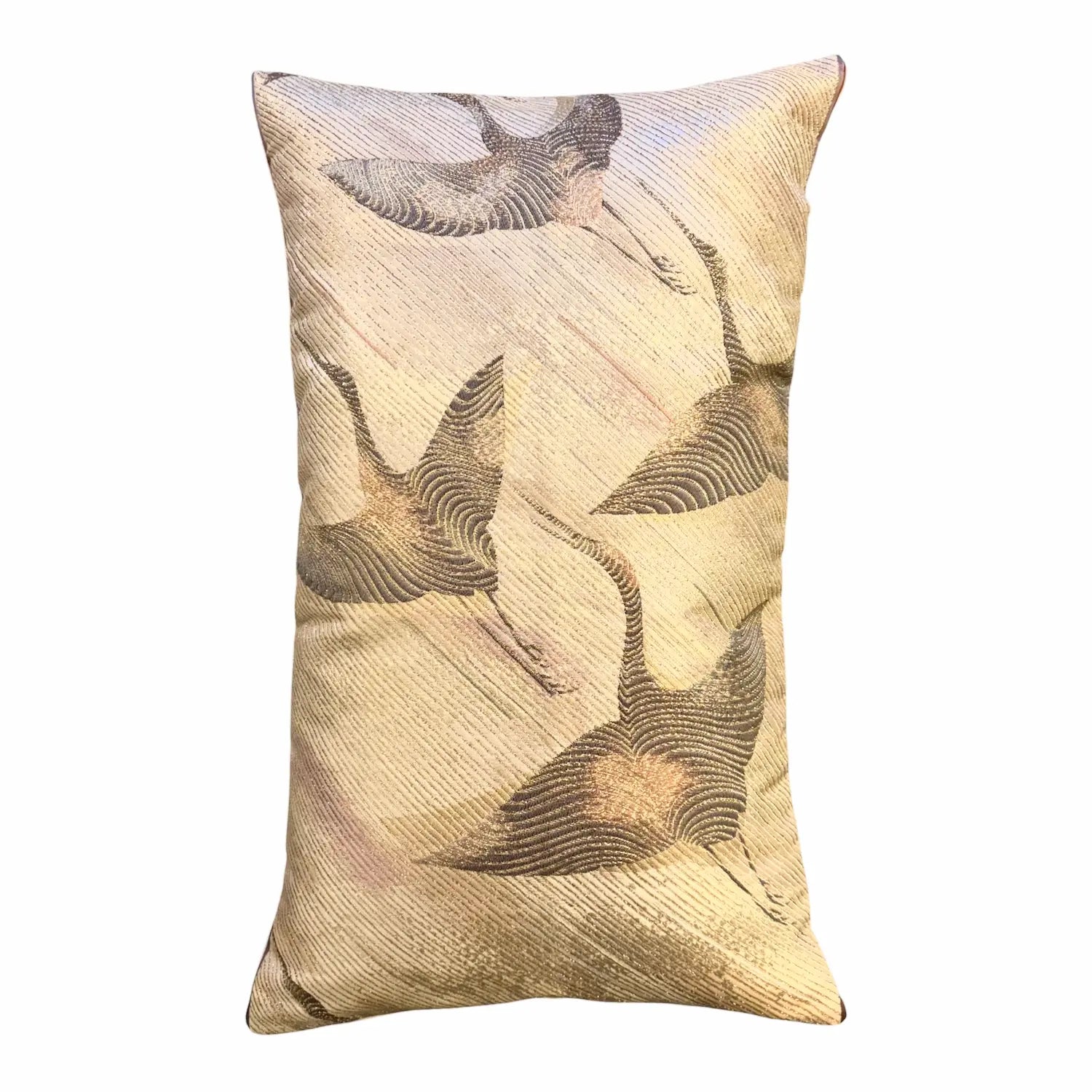 Decorative cushion with crane pattern on a white background