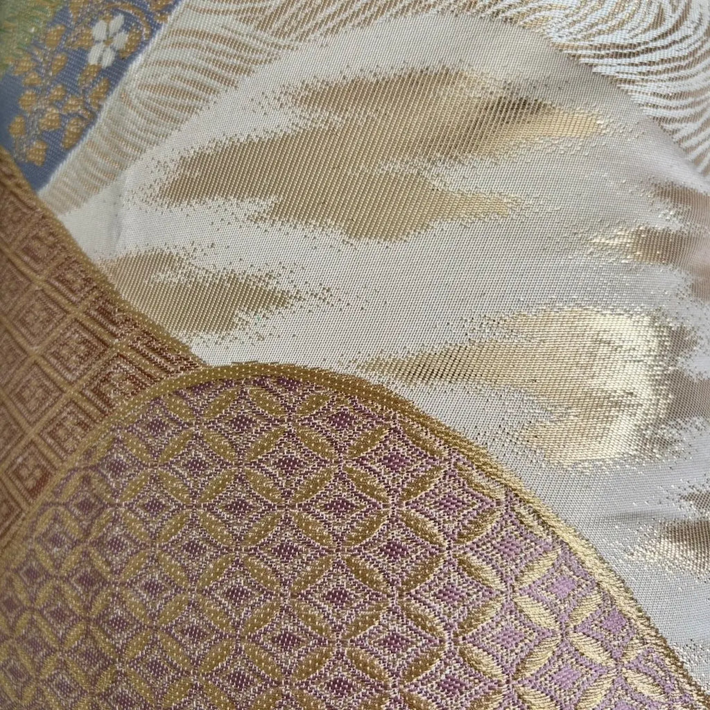 Close-up of patterned fabric with geometric and floral designs.