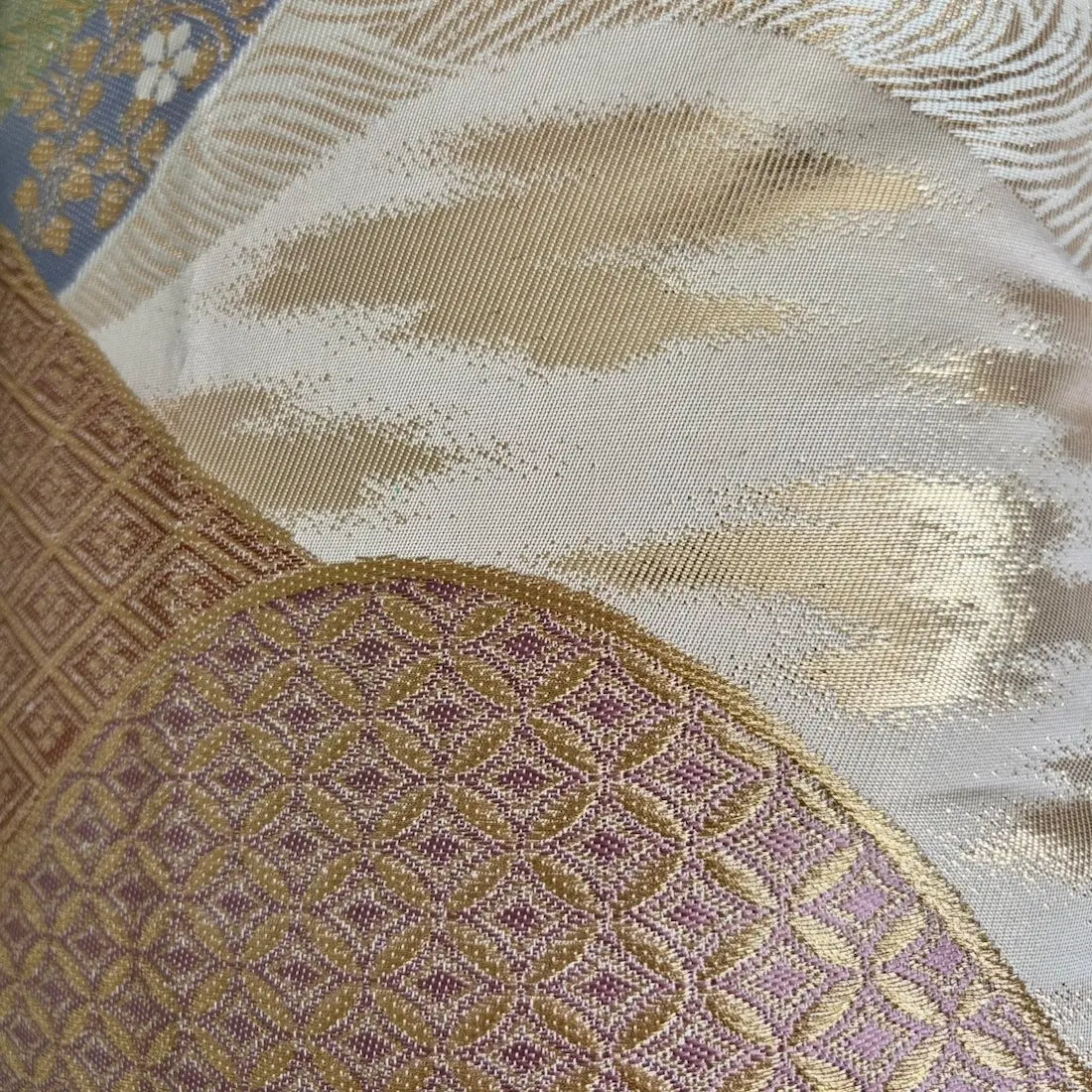 Close-up of patterned fabric with geometric and floral designs.