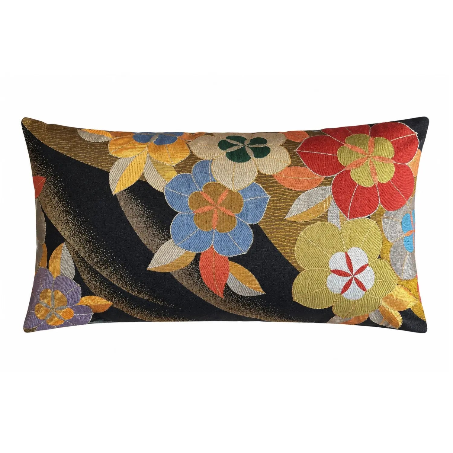 A rectangular decorative cushion featuring a floral pattern on a black silk-like fabric with gold.