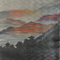 Artistic depiction of a mountain landscape with a silhouette of a building.