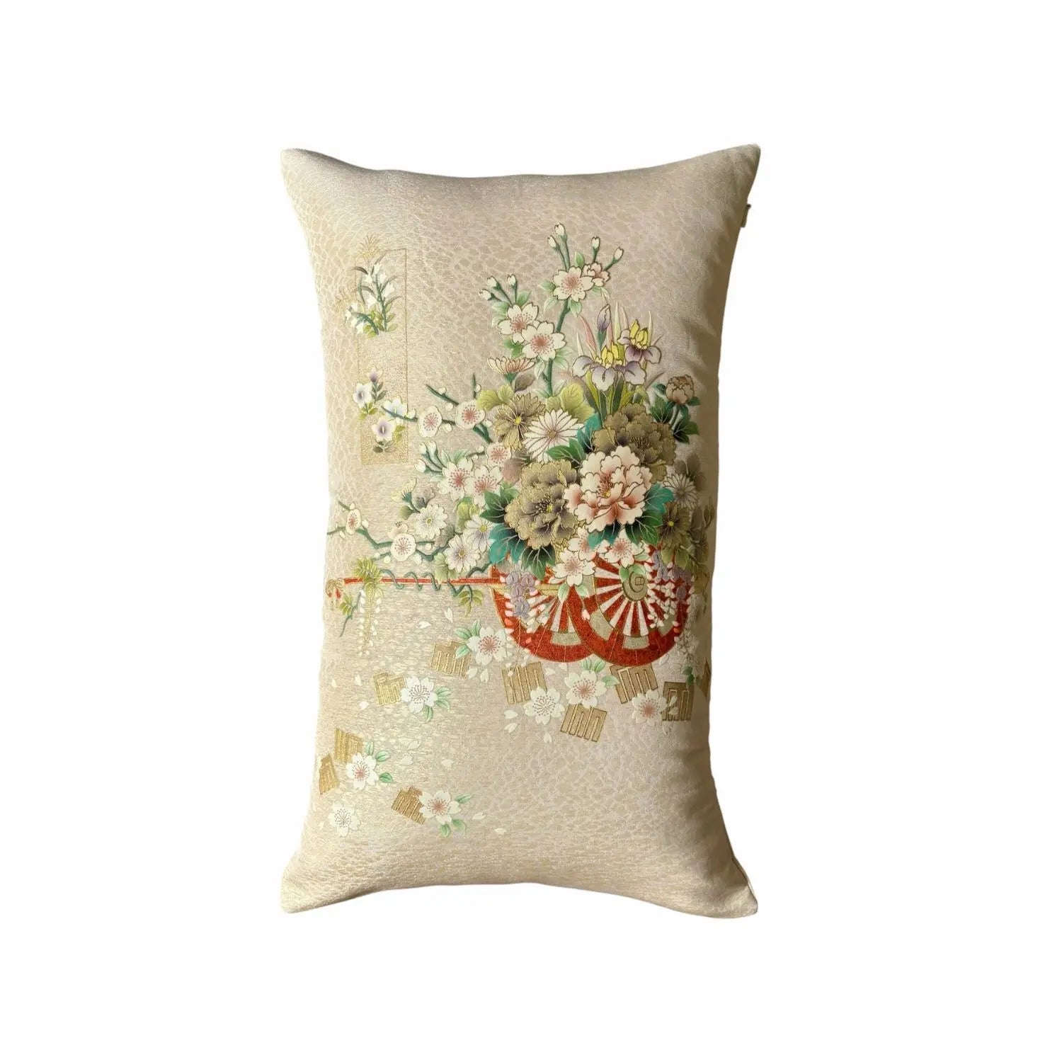 A rectangular beige cushion featuring a vintage-style floral print set against a plain white background.